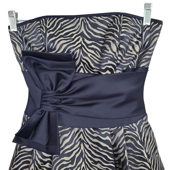 Jessica McClintock Sz 4 Dress Mini Zebra Stripe Fitted Strapless Navy Satin Trim - Picture 4 of 13
